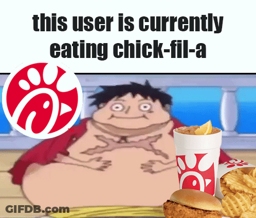 A Chick-Fil-A Advertisement With A Cartoon Of A Man Eating Chicken GIF