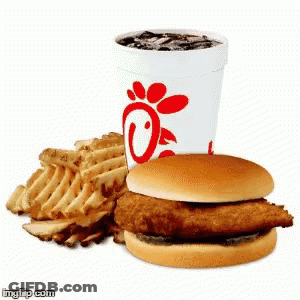 A Chick-Fil-A Chicken Sandwich And French Fries Next To A Cup Of Soda . GIF
