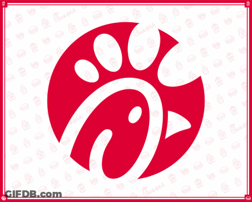 A Chick-Fil-A Logo On A White Background With A Pattern Of Hamburgers And Cupcakes GIF
