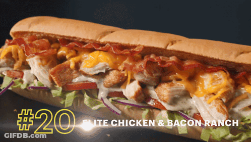 A Chicken And Bacon Ranch Sub Sandwich With The Number 20 On The Bottom GIF