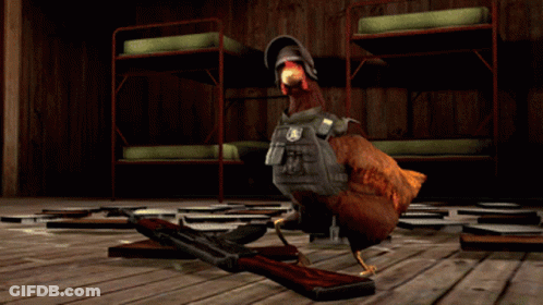 A Chicken Is Laying On The Floor With A Gun In Front Of Bunk Beds GIF