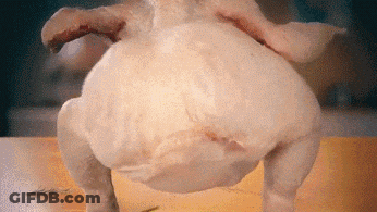 A Chicken Is Standing On Its Hind Legs On A Table And Looking At The Camera . GIF