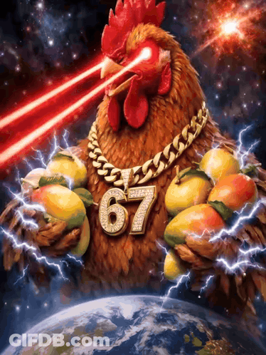 A Chicken Wearing A Necklace With The Number 67 GIF