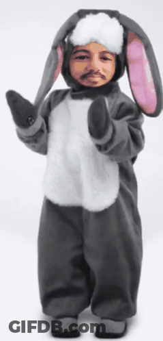 A Child Dressed In A Bunny Costume With A Face On It GIF