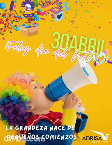 A Child In A Clown Costume Is Holding A Megaphone With The Date 30 April On It GIF