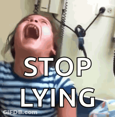 A Child Is Crying With The Words " Stop Lying " Written Above Him GIF
