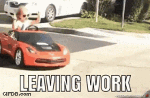 A Child Is Driving A Red Toy Car On A Street With The Words Leaving Work Below It . GIF
