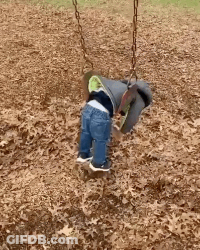 A Child Is Sitting On A Tire Swing In A Park . GIF