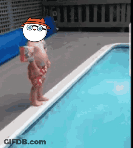 A Child Is Standing On The Edge Of A Pool Wearing A Hat And Glasses GIF