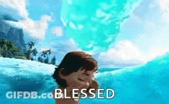 A Child Is Swimming In The Ocean With The Word Blessed Written On The Bottom GIF