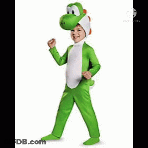 A Child Is Wearing A Yoshi Costume And Standing In Front Of A White Background . GIF