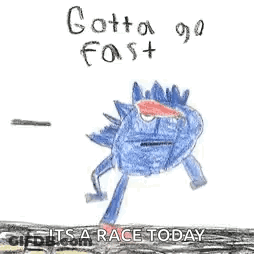 A Child 'S Drawing Of A Hedgehog Running With The Words `` Gotta Go Fast '' Written On It . GIF