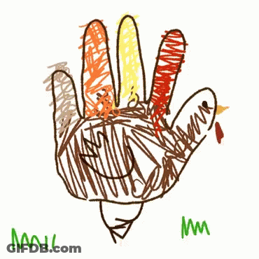 A Child 'S Drawing Of A Turkey Made Out Of Their Hand With The Letter M Visible GIF