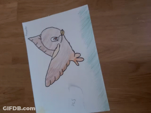 A Child 'S Drawing Of An Owl With The Word Pls On The Bottom Right GIF