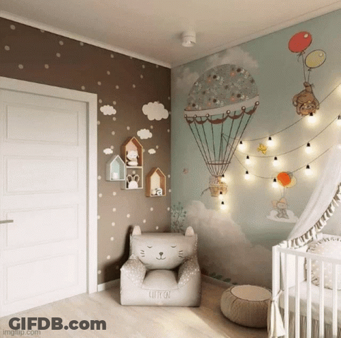 A Child 'S Room With A Cat Chair And A Hot Air Balloon Mural GIF