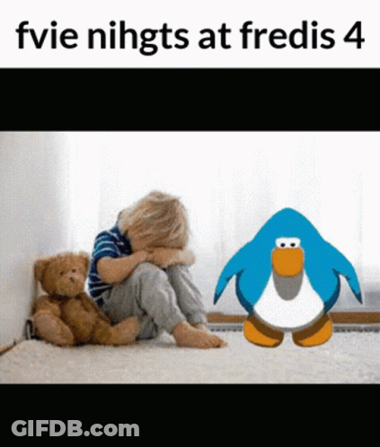 A Child Sitting Next To A Teddy Bear And A Penguin With The Words Fvie Nihgts At Fredis 4 GIF