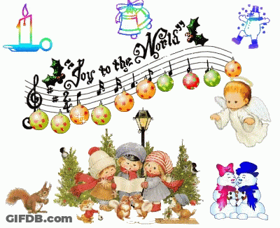 A Children 'S Christmas Scene With The Words Joy To The World Above Them GIF