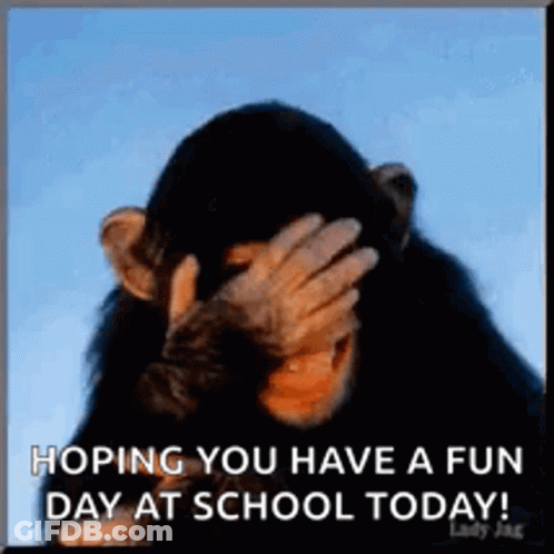 A Chimpanzee Is Covering His Face With His Hand And The Words `` Hoping You Have A Fun Day At School Today ! '' GIF