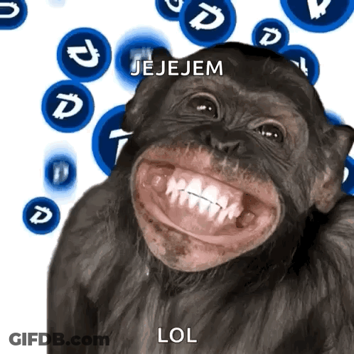 A Chimpanzee Is Smiling In Front Of A Background Of Blue Circles With The Words Jejejem Lol Written Below It GIF