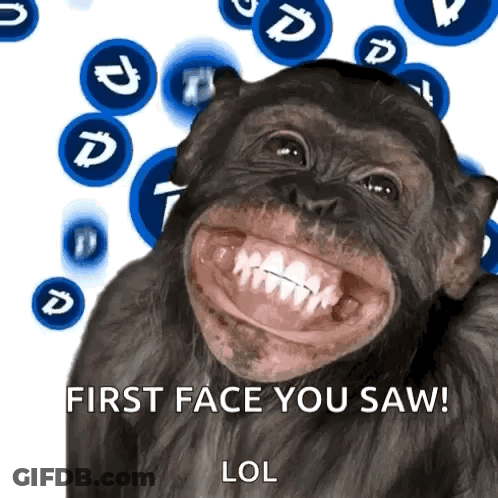 A Chimpanzee Is Smiling With The Words First Face You Saw Lol GIF