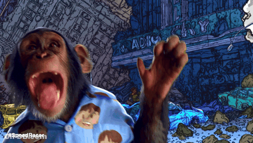 A Chimpanzee Wearing A Blue Shirt With Faces On It Stands In Front Of A Building That Says Radio GIF