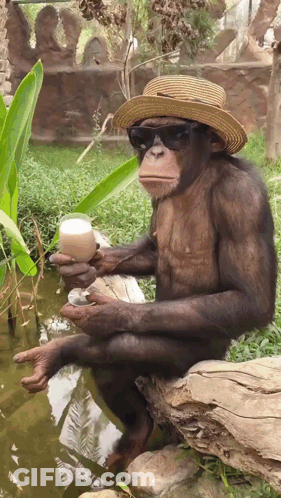 A Chimpanzee Wearing A Straw Hat And Sunglasses Holds A Drink GIF