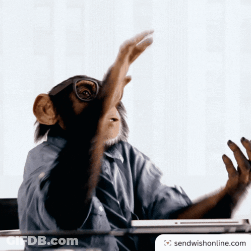 A Chimpanzee Wearing Glasses Is Sitting At A Desk With A Sendwishonline.com Logo In The Corner GIF