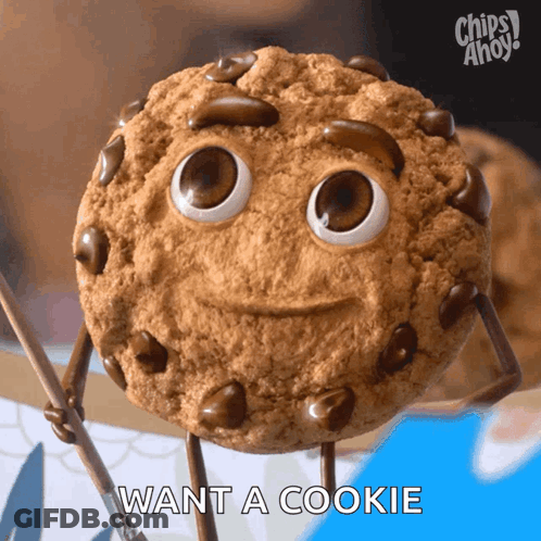 A Chip 'S Ahoy Cookie With Arms And Legs Holding A Stick GIF