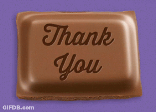 A Chocolate Bar That Says Thank You On A Purple Background GIF