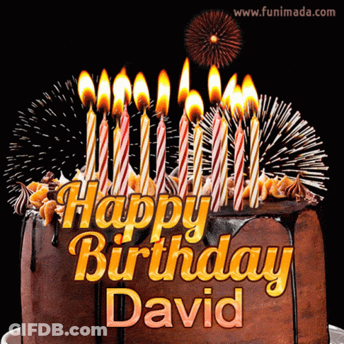 A Chocolate Birthday Cake With Candles And Fireworks Says Happy Birthday David GIF