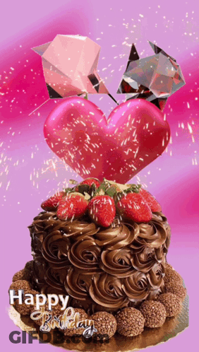 A Chocolate Birthday Cake With Strawberries And A Heart Shaped Balloon GIF