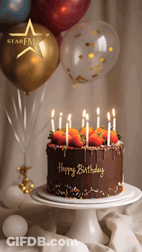 A Chocolate Birthday Cake With Strawberries And Candles Is On A Cake Stand GIF