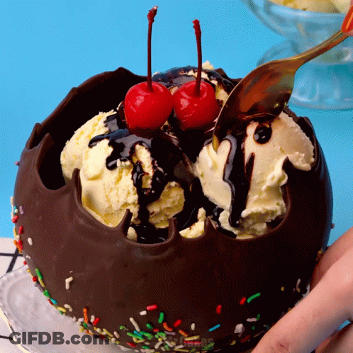 A Chocolate Bowl Filled With Ice Cream And Cherries GIF