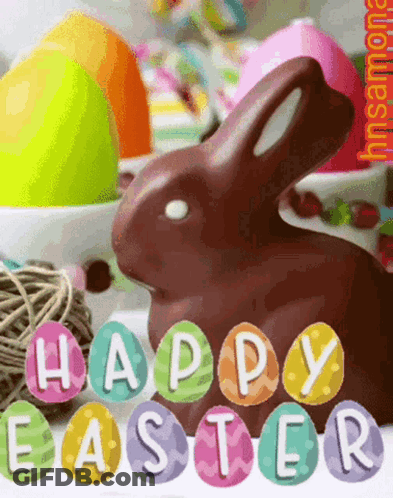 A Chocolate Bunny Is Surrounded By Colorful Easter Eggs And The Words Happy Easter Written On Them GIF