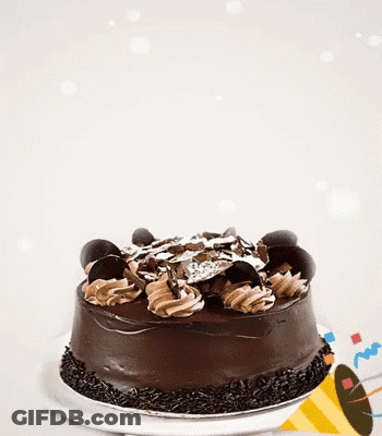 A Chocolate Cake Is On A White Plate With A Party Hat In The Background GIF