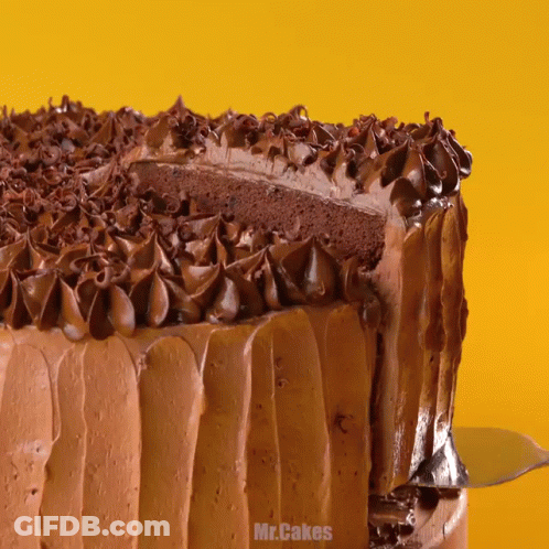 A Chocolate Cake With A Slice Taken Out Of It And The Words Mr.cakes On The Bottom GIF