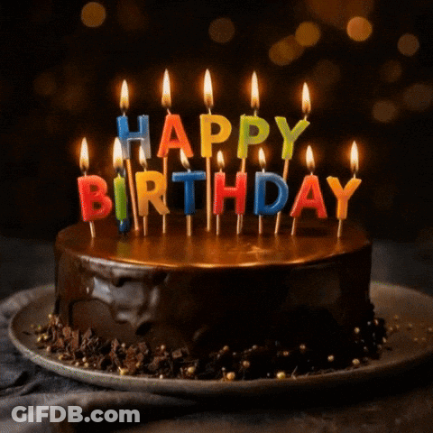 A Chocolate Cake With Candles That Say Happy Birthday GIF