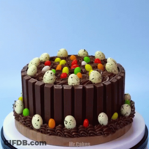 A Chocolate Cake With Eggs On Top And The Words Mr.cakes On The Bottom GIF