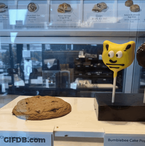 A Chocolate Chip Cookie And A Bumblebee Cake Pop Are On Display In A Bakery GIF