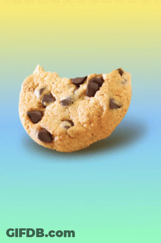A Chocolate Chip Cookie With A Bite Taken Out Of It On A Blue And Yellow Background GIF
