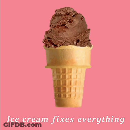 A Chocolate Ice Cream Cone On A Pink Background With The Words Ice Cream Fixes Everything Below It GIF