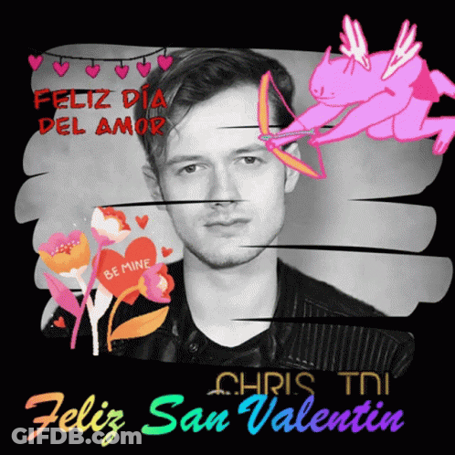 A Chris Tni Feliz San Valentin Greeting Card With A Cupid Holding A Bow And Arrow GIF