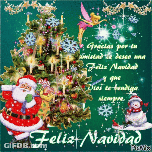 A Christmas Card That Says Feliz Navidad With Santa And Tinkerbell GIF