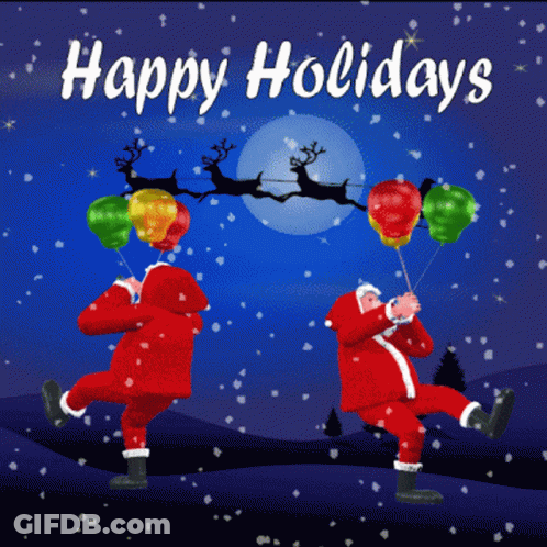 A Christmas Card That Says Happy Holidays With Santa Holding Balloons GIF