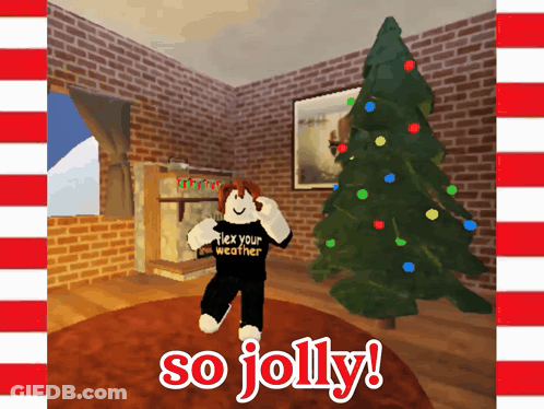 A Christmas Card That Says So Jolly With A Person In Front Of A Christmas Tree GIF