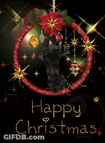 A Christmas Card With A Black Cat And The Words Happy Christmas On It GIF