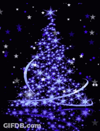 A Christmas Card With A Blue Christmas Tree And The Words Merry Christmas GIF
