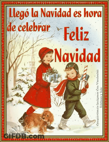 A Christmas Card With A Boy And A Girl Holding Gifts GIF