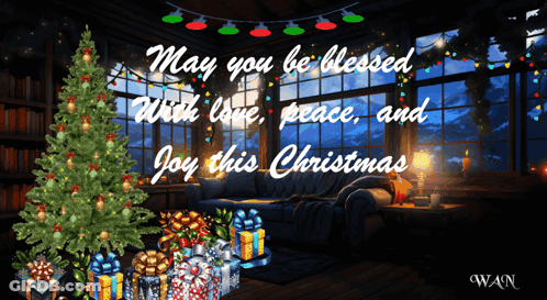 A Christmas Card With A Christmas Tree And Gifts GIF