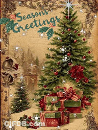 A Christmas Card With A Christmas Tree And Presents And The Words Season 'S Greetings GIF
